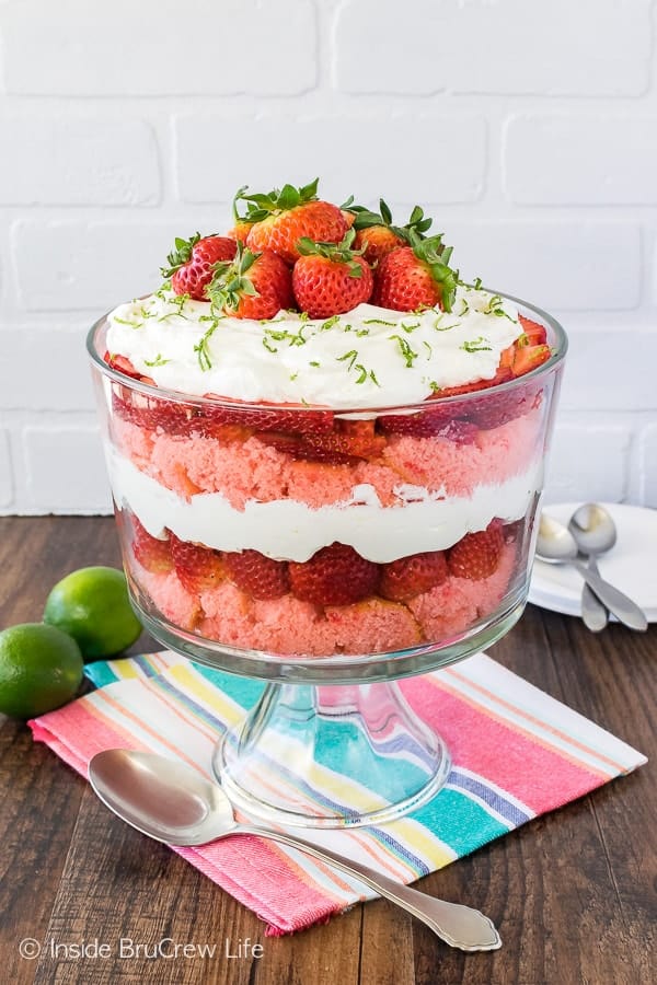 Strawberry Key Lime Cheesecake Trifle - layers of cake, cheesecake, and fresh fruit will make this easy recipe a hit at any spring or summer party!