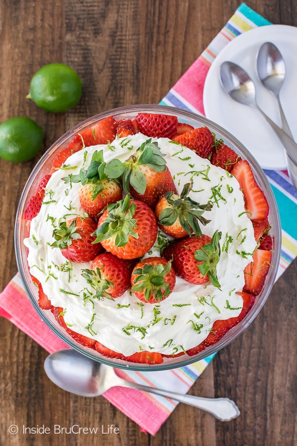 Strawberry Key Lime Cheesecake Trifle - layers of cake, fruit, and cheesecake makes an easy dessert recipe