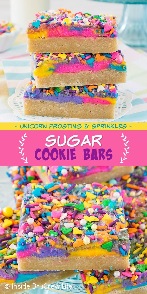 Two pictures of sugar cookie bars with unicorn frosting collaged together with a pink text box