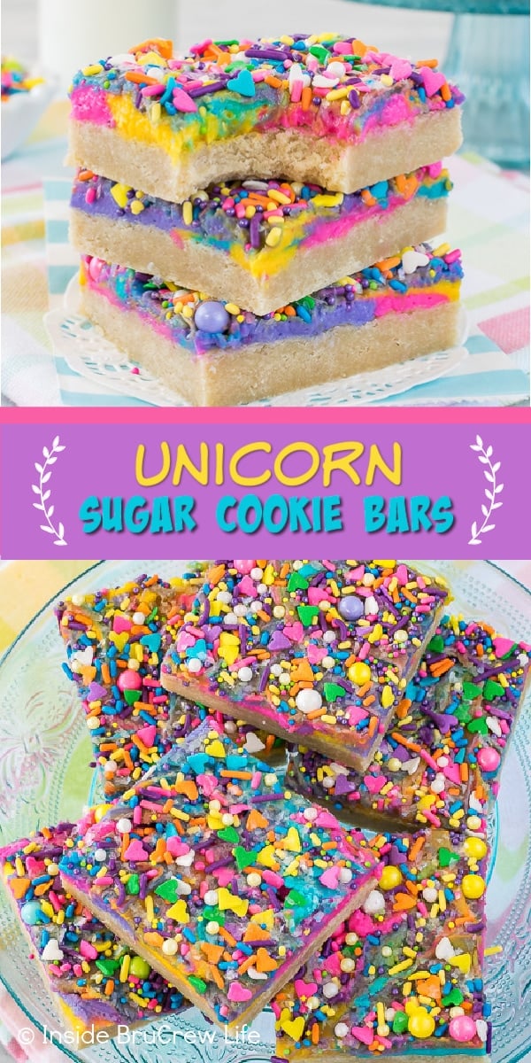 Two pictures of frosted unicorn sugar cookie bars collaged together with a purple text box