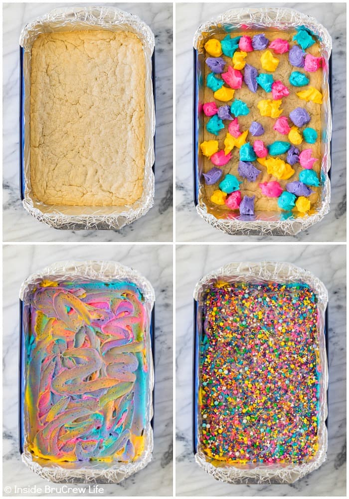 Four pictures collaged together showing how to add the unicorn frosting and sprinkles to sugar cookie bars.