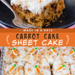 Two pictures of carrot cake collaged with an orange text box.