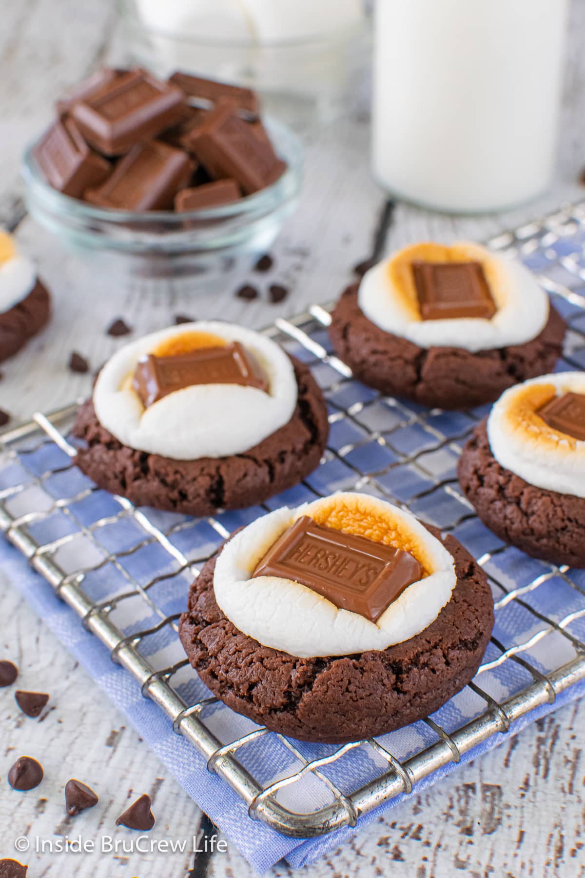 Chocolate cookies topped with toasted marshmallows and candy bars.