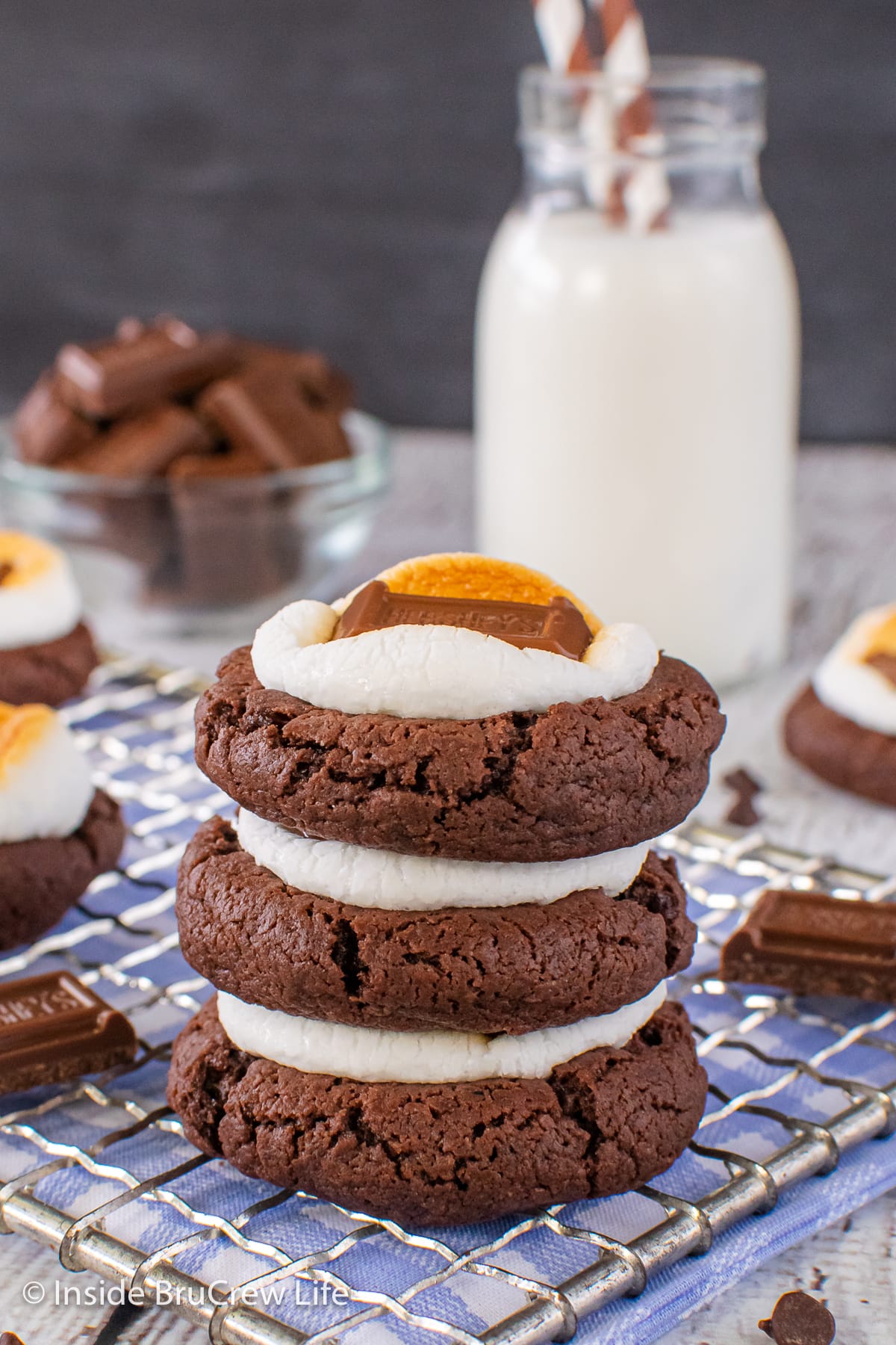 A stack of chocolate cookies on a wire rack.