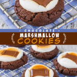 Two pictures of chocolate marshmallow cookies collaged with a brown text box.