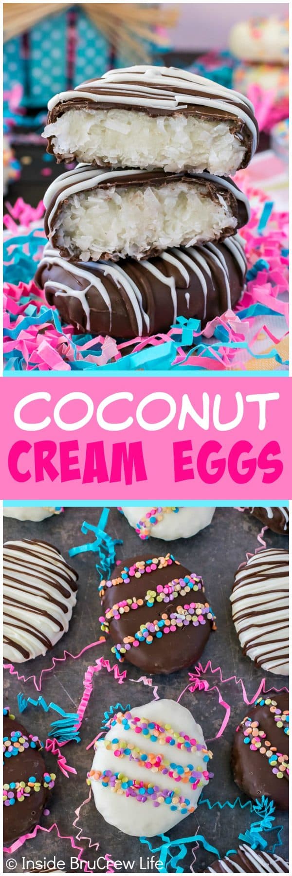 Coconut Cream Eggs - a homemade coconut filling shaped into an egg and dipped in chocolate makes a fun homemade Easter candy! Great for filling holiday baskets with!