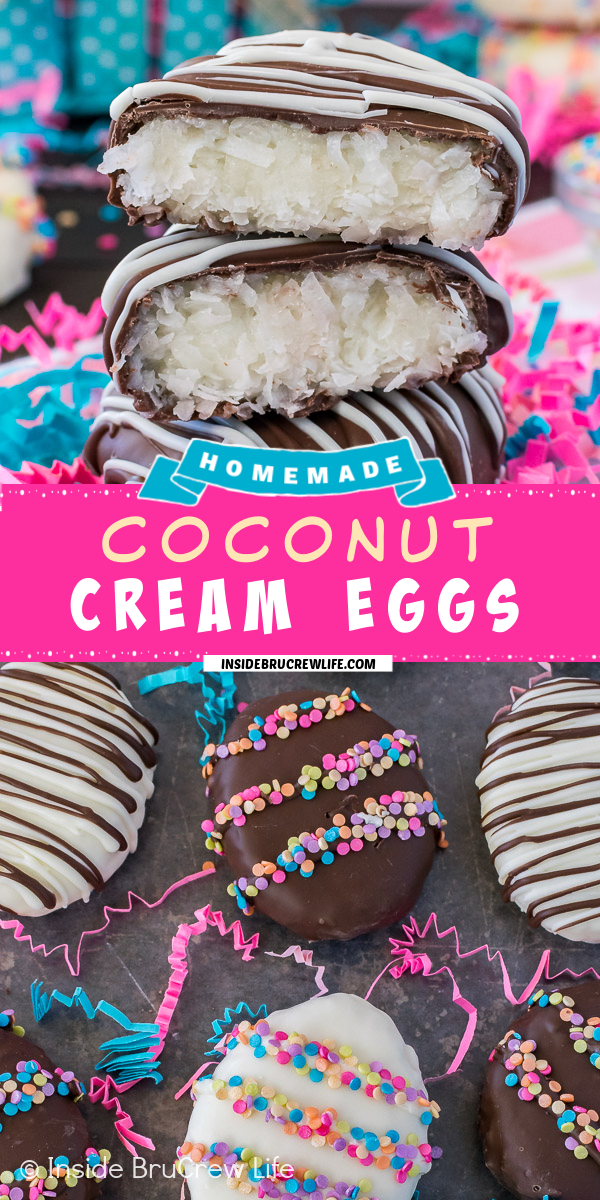 Two pictures of coconut eggs collaged together with a pink text box.
