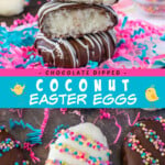 Two pictures of coconut Easter eggs collaged with a blue text box.