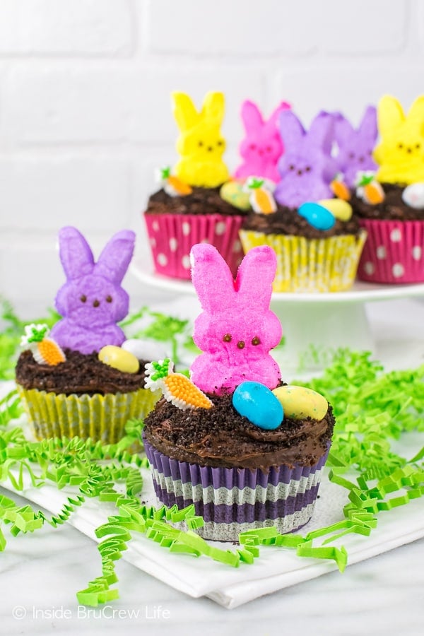 Chocolate cupcakes topped with malt eggs, a candy carrot, and marshmallow bunnies.