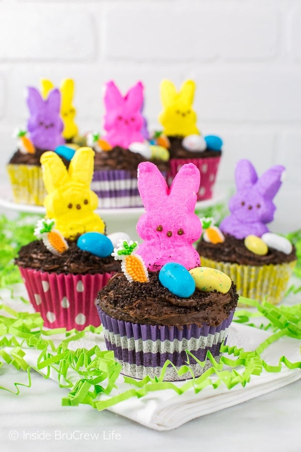 Chocolate cupcakes topped with malt eggs, a candy carrot, and marshmallow bunnies.