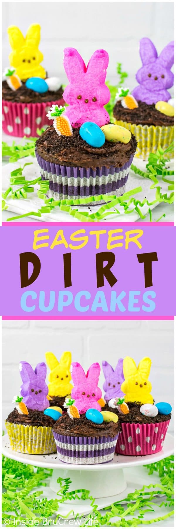 2 pictures of chocolate cupcakes topped with Easter candies separated by a box of test.