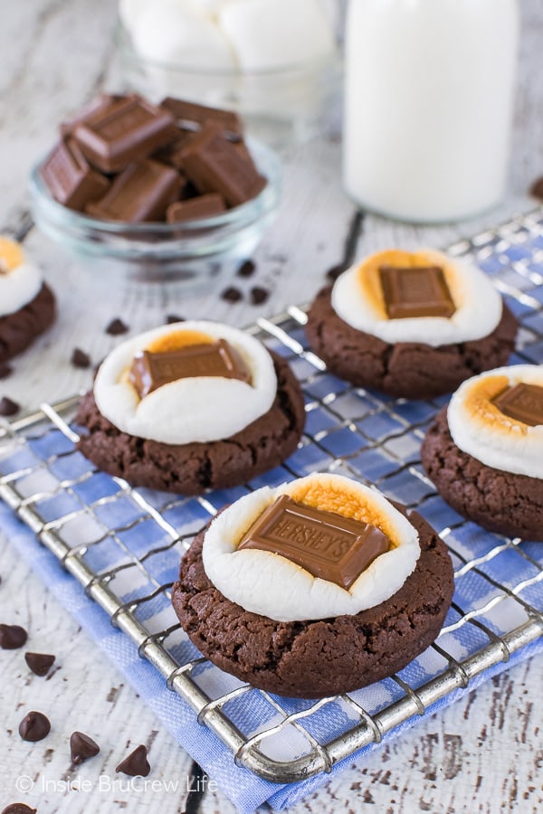 Easy Chocolate Marshmallow Cookies - chocolate cookies topped with toasted marshmallows and candy bars are the perfect recipe for summer picnics!
