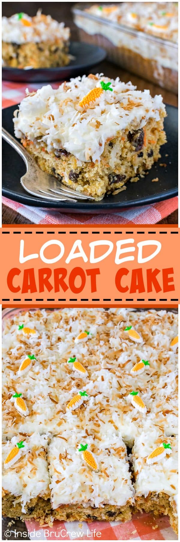 2 pictures of loaded carrot cake separated by a box of text.