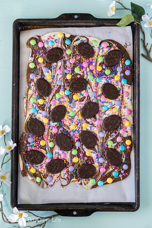 Peppermint Pattie Easter Bark - sprinkles, candy, and swirls of chocolate make this an easy no bake Easter dessert recipe!