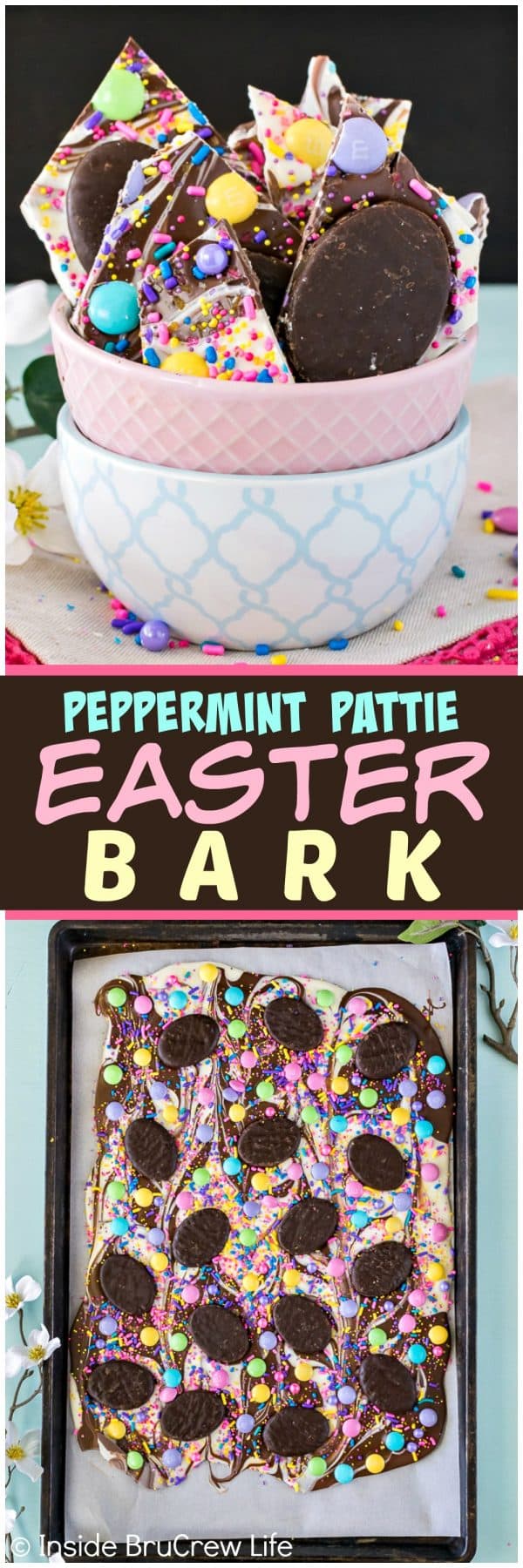 2 pictures of peppermint patty bark covered in chocolate and Easter sprinkles.