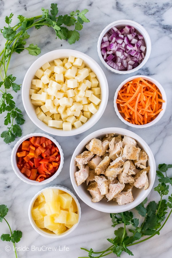 Pineapple Sriracha Chicken Salad - fresh veggies and a sweet and spicy dressing make this salad recipe a keeper!