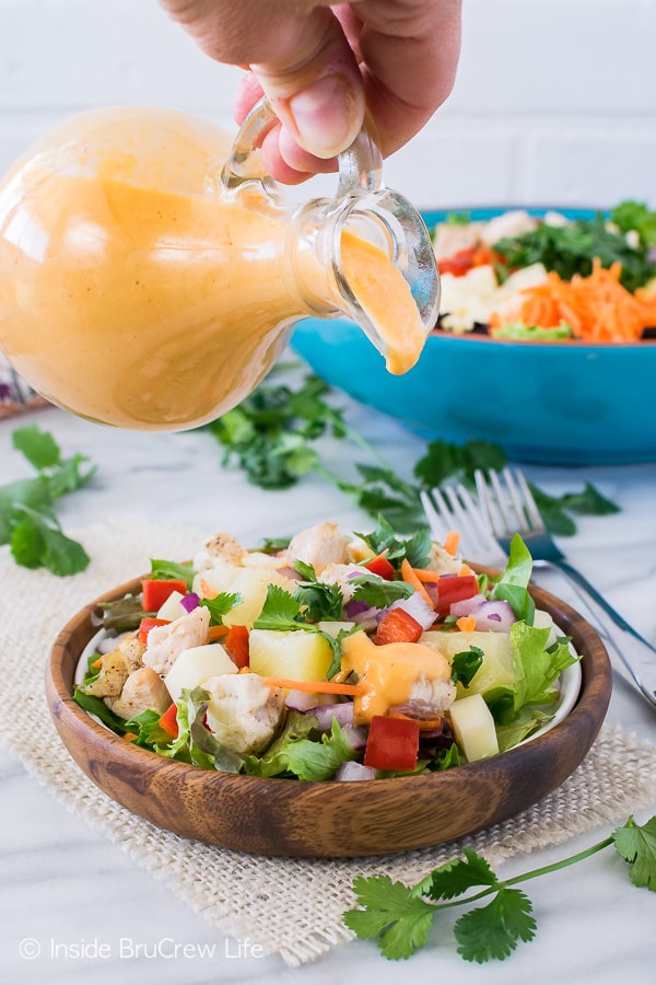 Pineapple Sriracha Chicken Salad - the sweet and spicy homemade dressing gives this veggie salad a fun twist! Great salad recipe for hot summer months!