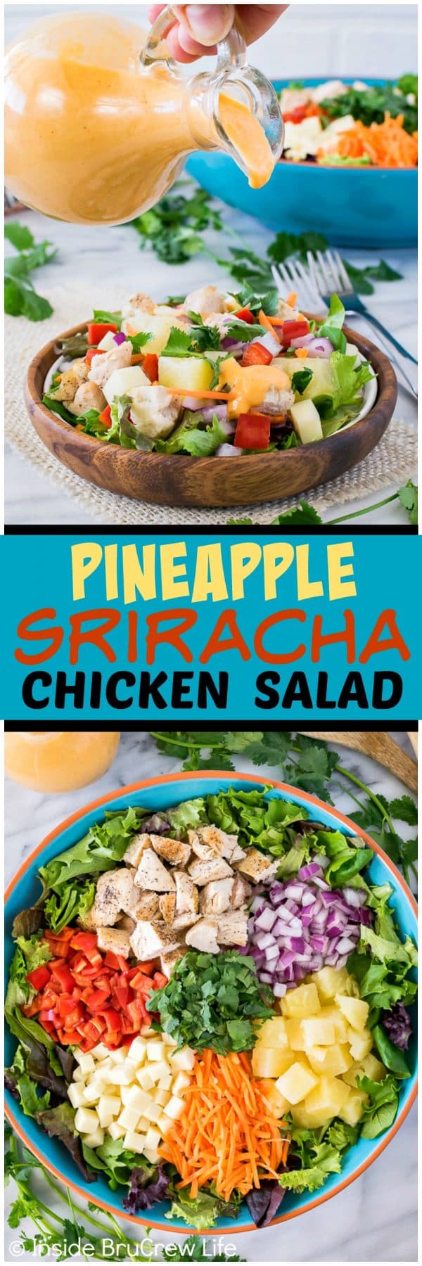 Pineapple Sriracha Chicken Salad - the homemade sweet and spicy dressing makes this veggie salad a keeper! Perfect recipe for hot summer months!