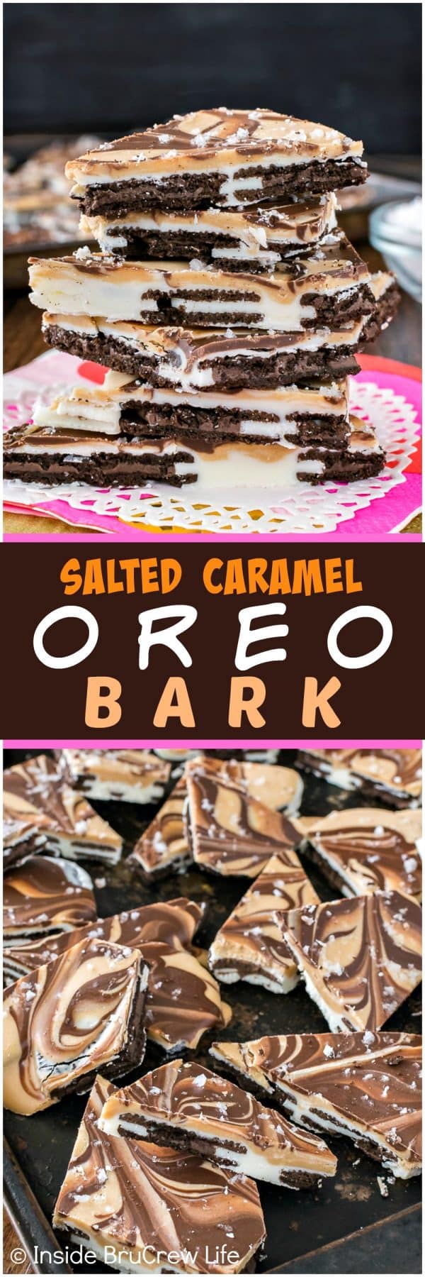 Salted Caramel Oreo Bark - swirls of chocolate and caramel on top of cookies makes this no bake candy disappear in a hurry. Easy recipe when you need a sweet treat in a hurry!