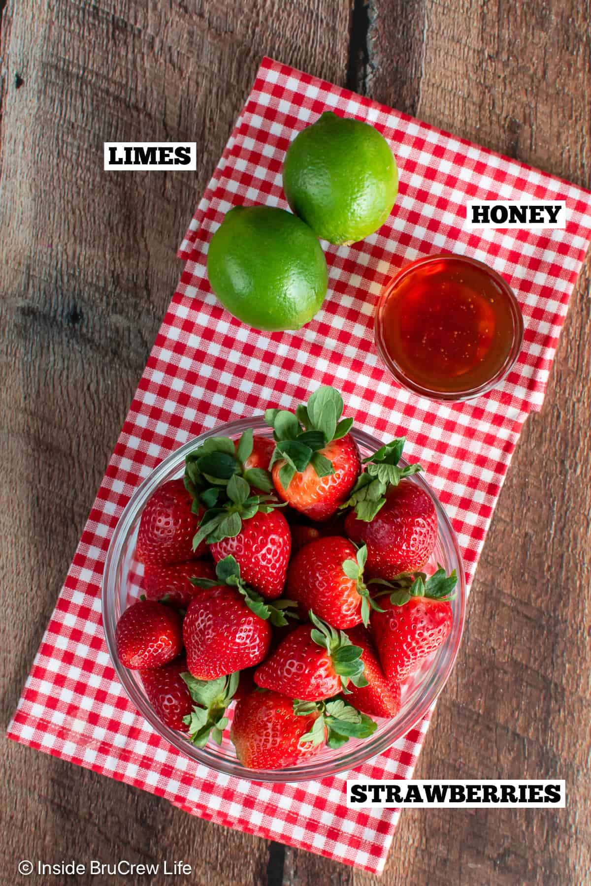 Easy strawberry sauce ingredients with text box overlays.