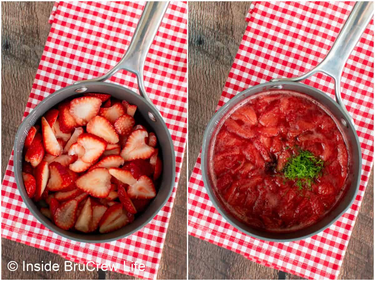 Step-by-step photos showing how to make strawberry sauce.