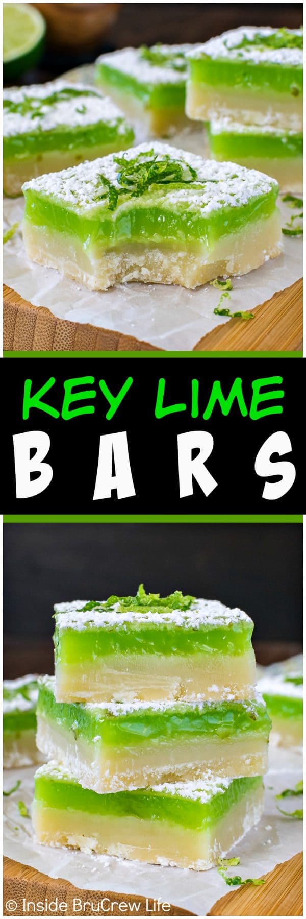 Two pictures of key lime bars collaged together with a black text box.