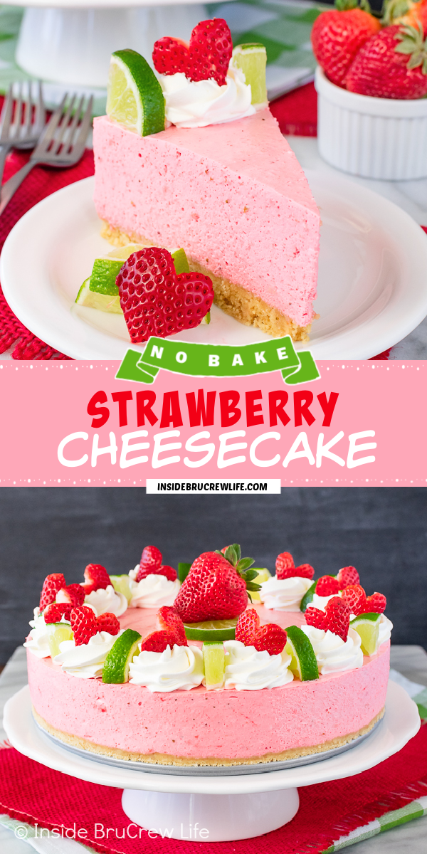 Two pictures of pink cheesecake collaged together with a pink text box.