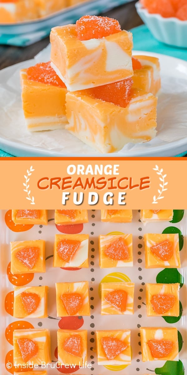 Two pictures of orange creamsicle fudge collaged together with an orange text box.