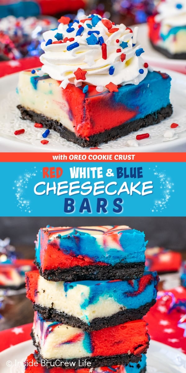 Two pictures of red white and blue cheesecake bars collaged together with a blue text box