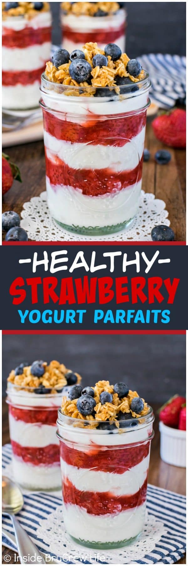 Healthy Strawberry Yogurt Parfaits - layers of homemade strawberry sauce and Greek yogurt makes this an easy breakfast recipe for busy summer mornings!