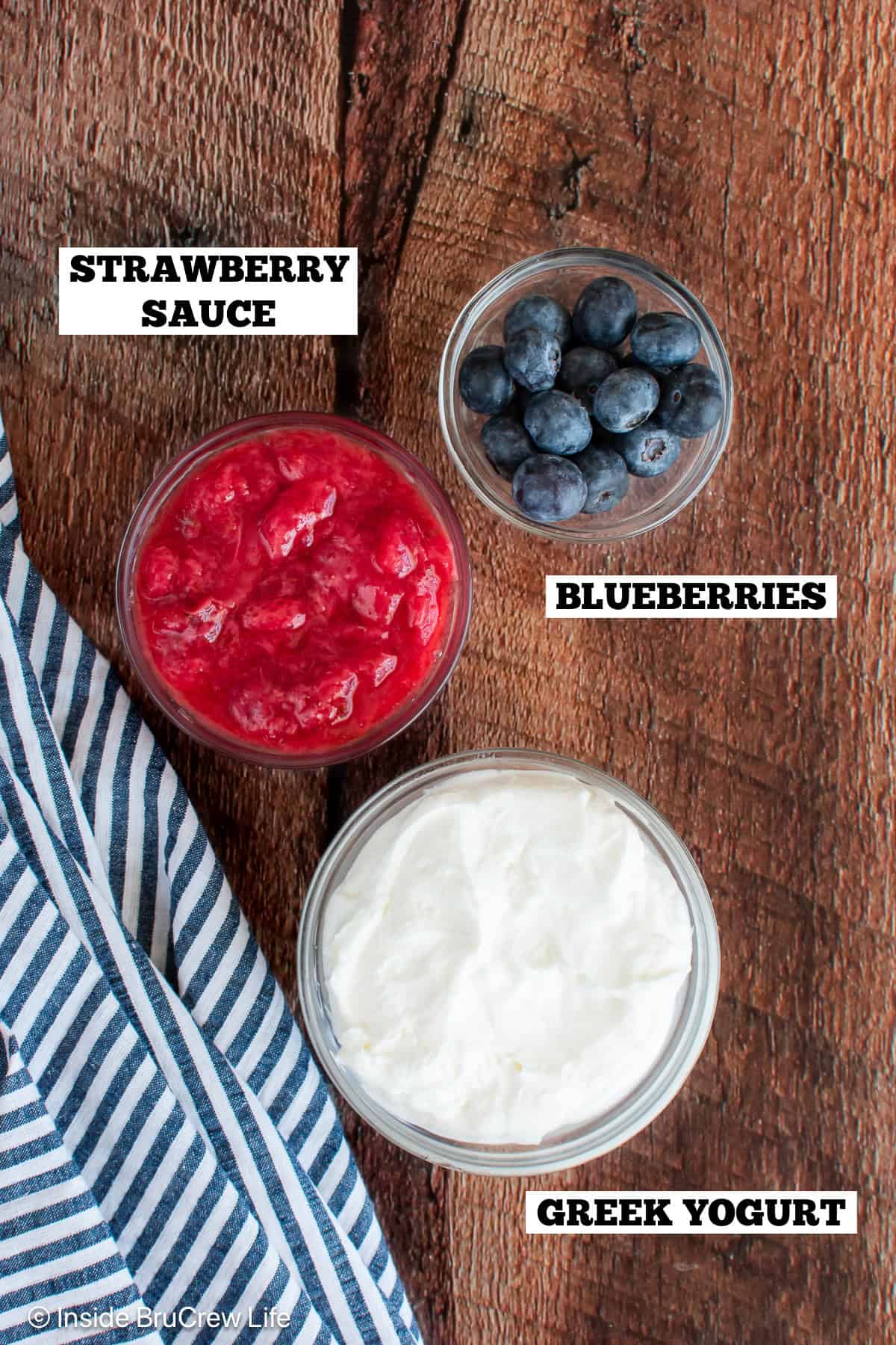 Strawberry yogurt parfait ingredients with text box overlays.