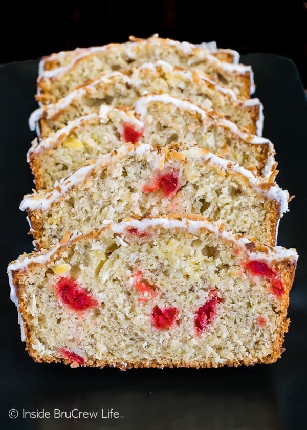 Slices of tropical banana bread on a black background