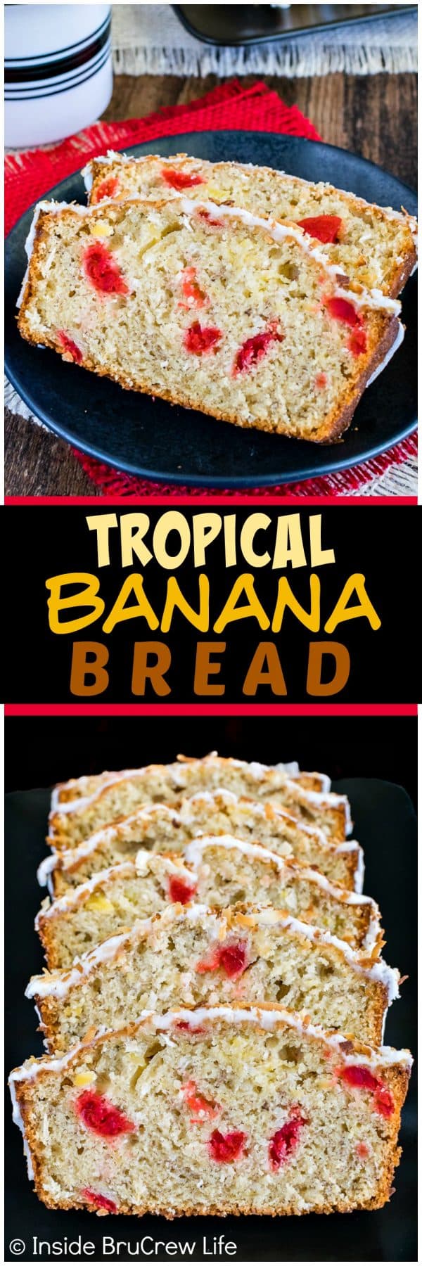 Two pictures of tropical banana bread collaged together with a black text box