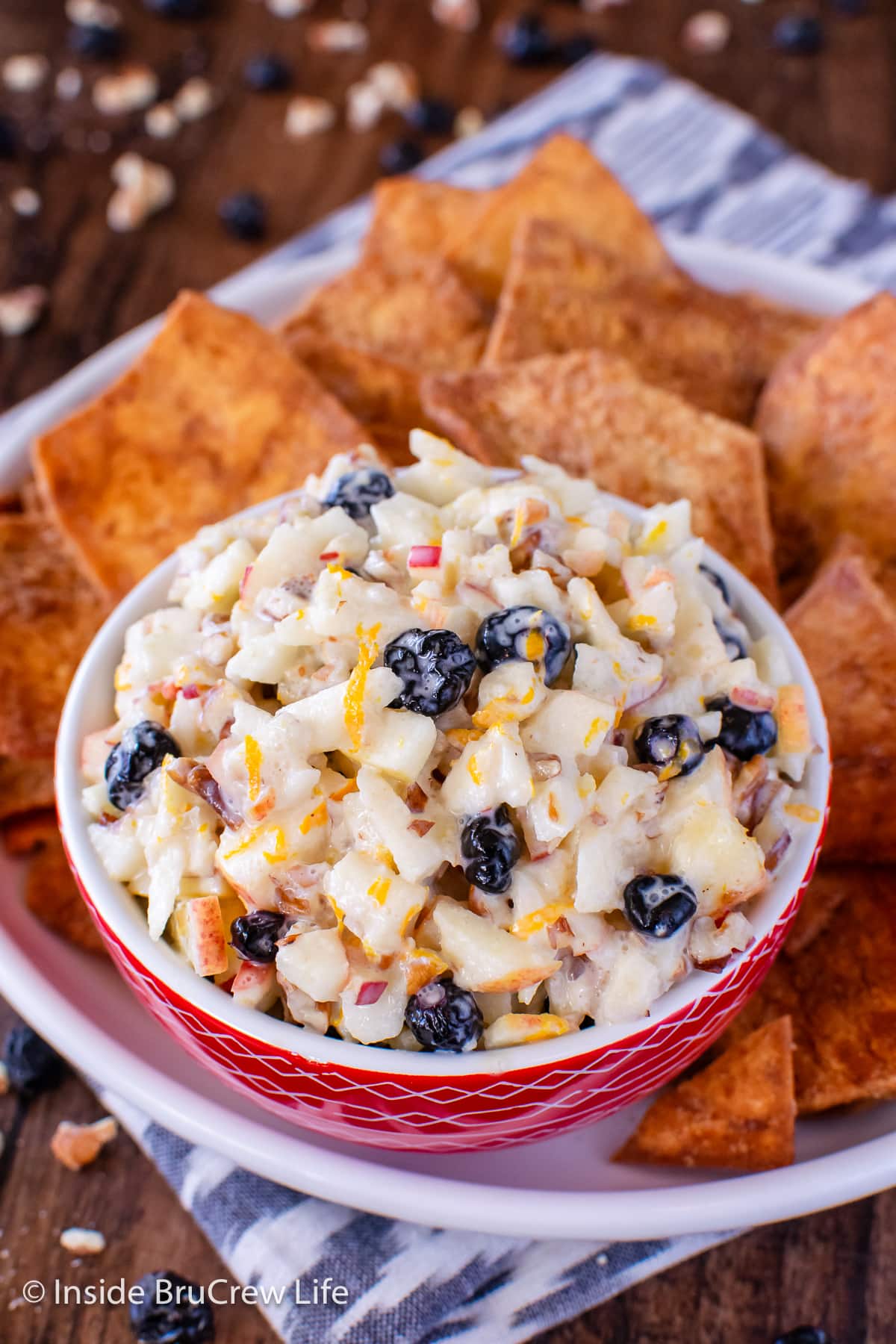 A bowl filled with apple berry salsa.