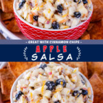 Two pictures of apple salsa collaged together with a dark blue text box.