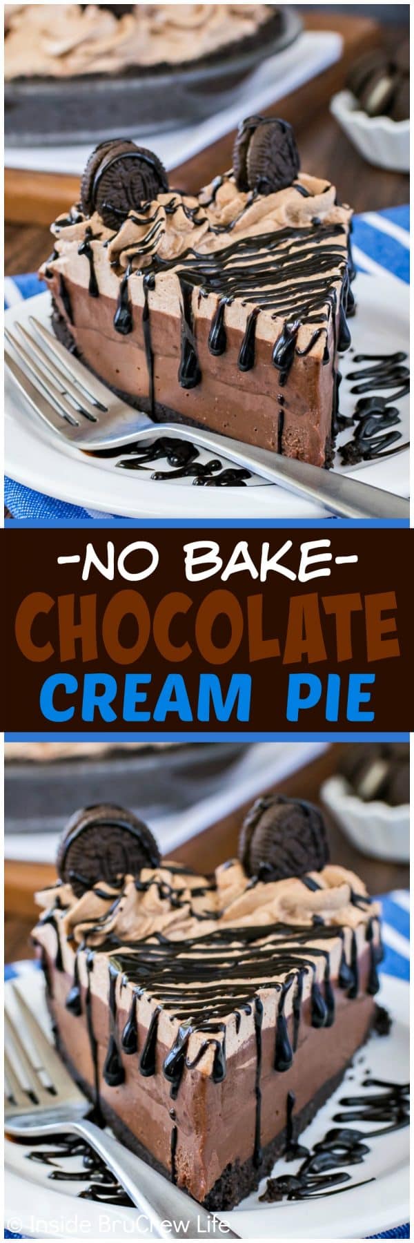No Bake Chocolate Cream Pie - layers of chocolate whipped cream, pudding, and cheesecake make this the perfect pie for chocolate lovers! Easy no bake recipe for summer picnics!