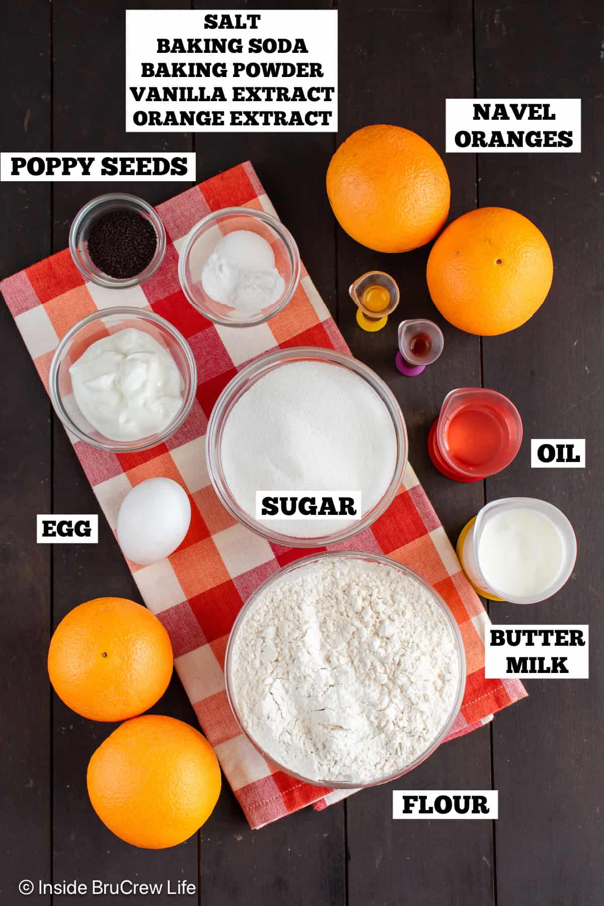 Orange poppy seed bread ingredients with text labels.