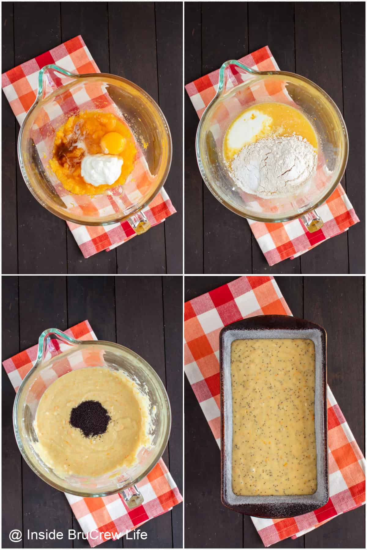 Step-by-step photos showing how to make orange poppy seed bread.