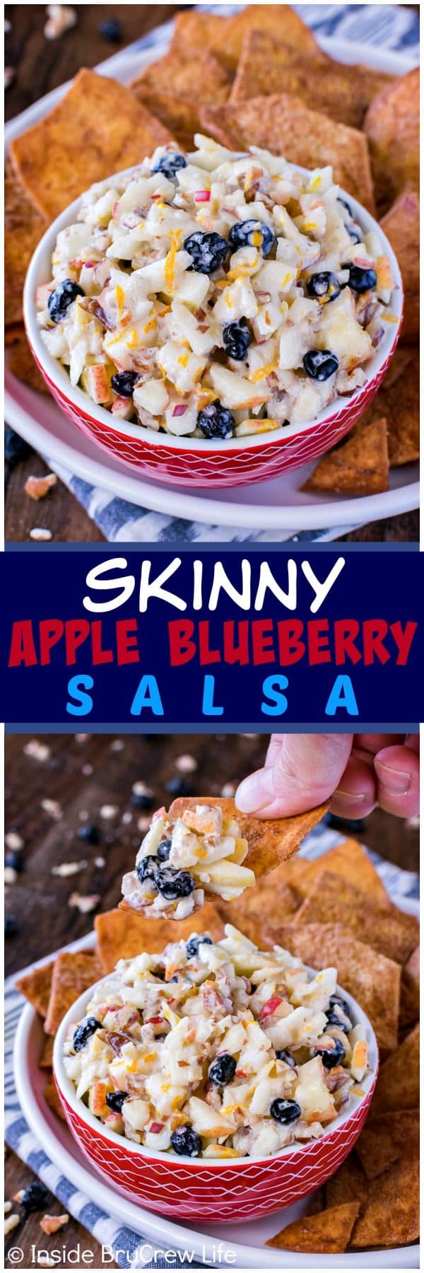 Skinny Apple Blueberry Salsa - this easy and healthy dip is loaded with apples, nuts, and orange yogurt. Great recipe to munch on during the summer!
