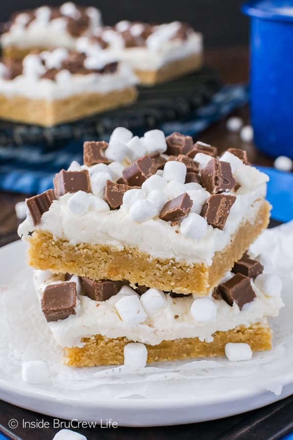 S'mores Sugar Cookie Bars - chocolate, marshmallow, and graham crackers make these easy cookies a fun summer recipe for picnics!