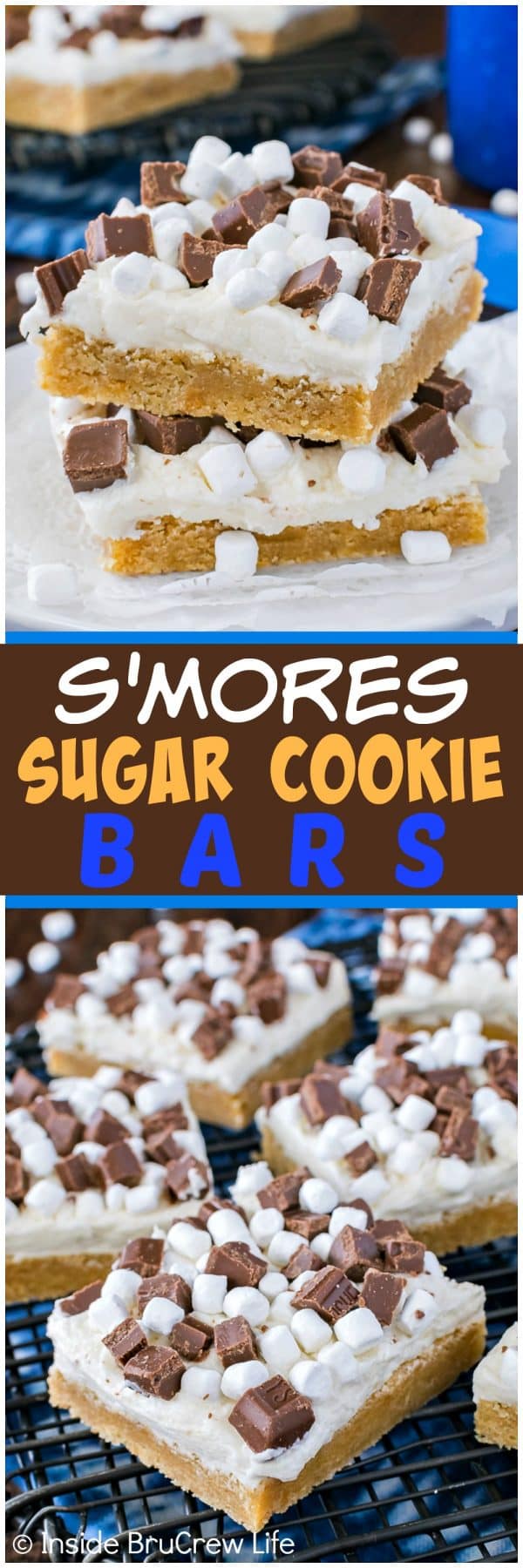 S'mores Sugar Cookie Bars - these graham cracker cookies are made and frosted in one pan. Easy recipe for summer picnics and parties!