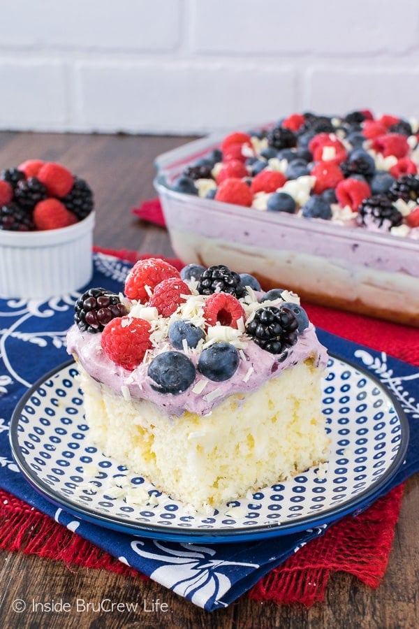 A blue and white polkadot plate with a piece of white chocolate pudding cake topped with a berry frosting and fresh berries