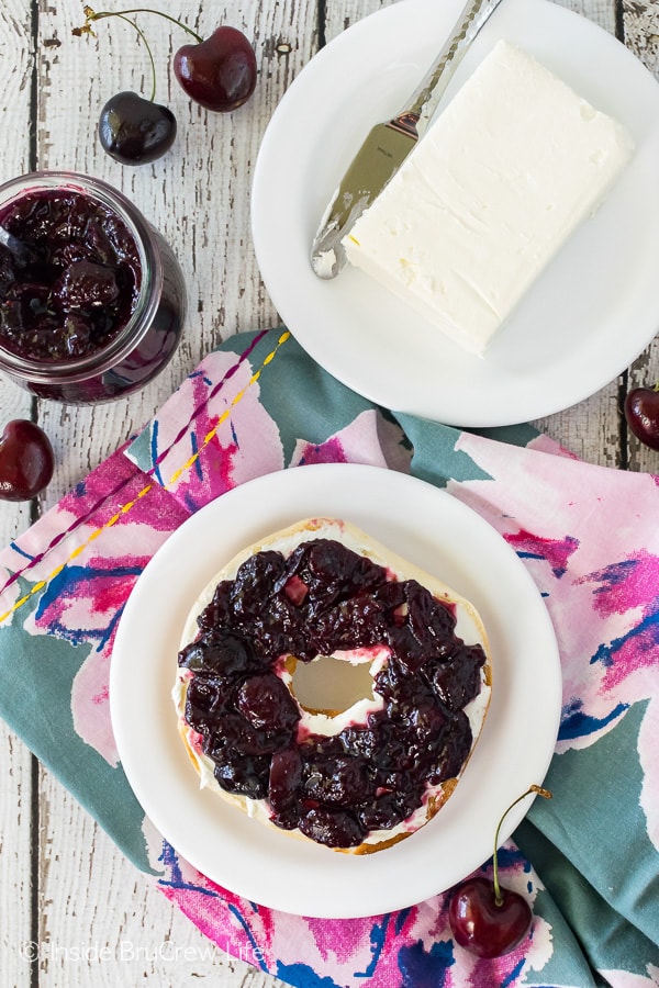 Small Batch Cherry Preserves - this easy homemade preserve is delicious on cream cheese bagels or on toast. You can also use this easy summer recipe in bar cookies, sweet rolls, or cheesecake.