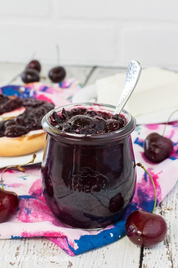 Small Batch Cherry Preserves - use those fresh summer berries to make a small jar of preserves. Great recipe to use on cream cheese bagels or on toast.