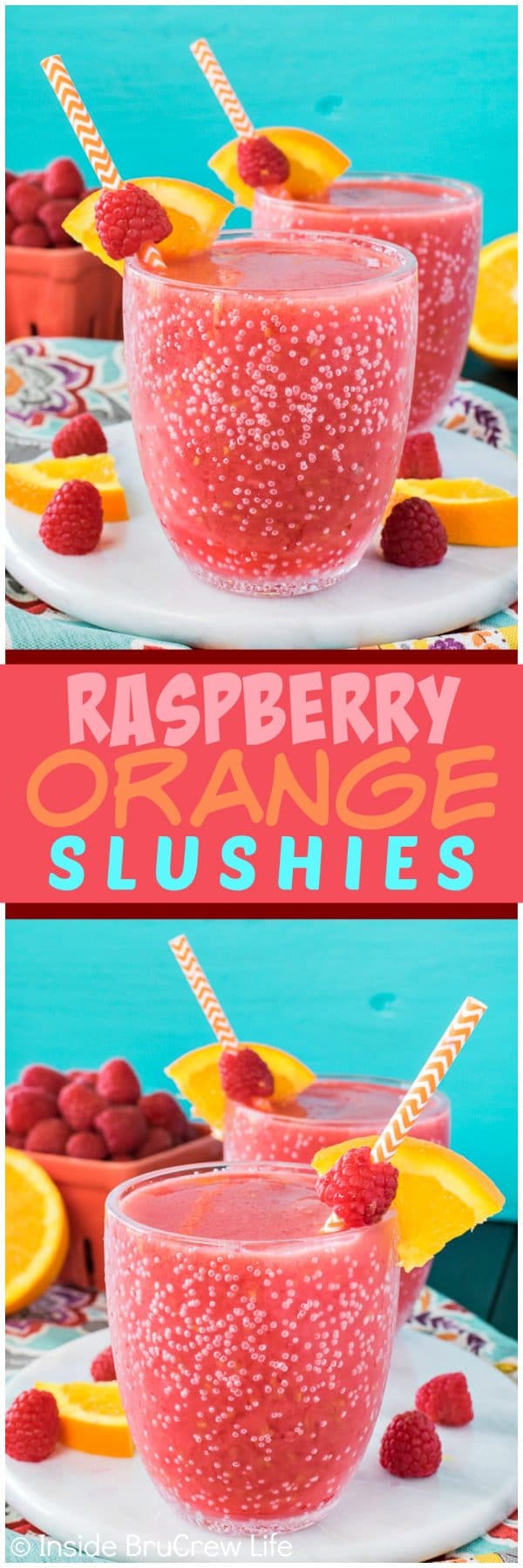 Raspberry Orange Slushies - add fresh fruit, ice, and juice to your blender for an easy summer drink! Great recipe to cool off with on a hot day!!!