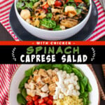 Two pictures of spinach caprese salad with a black text box.