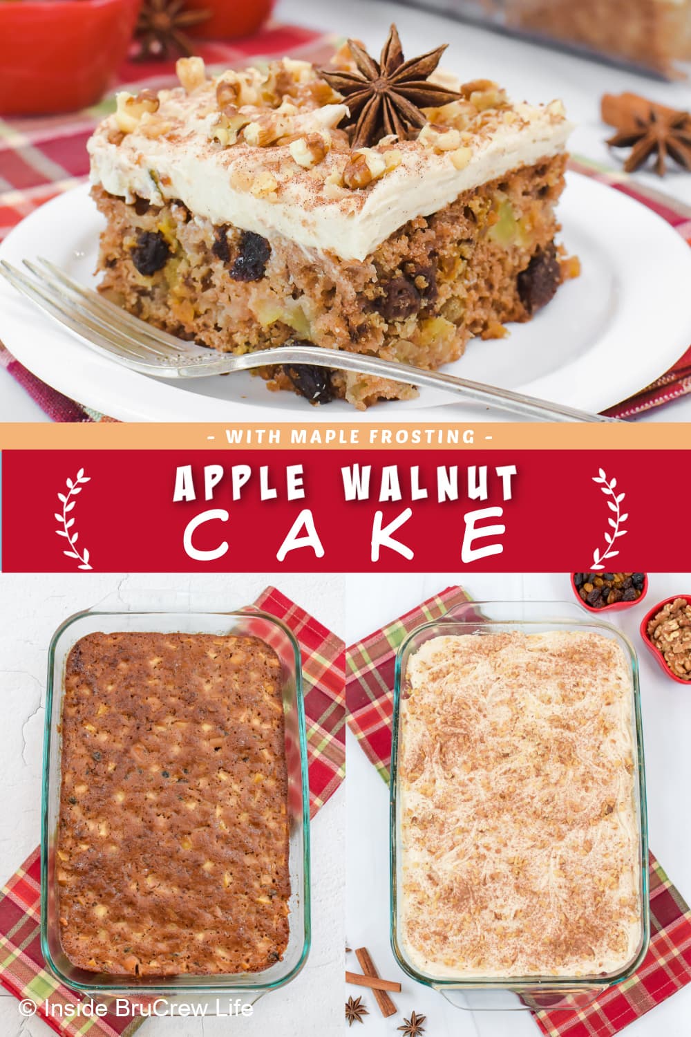 Three pictures of an apple cake collaged together with a red text box.