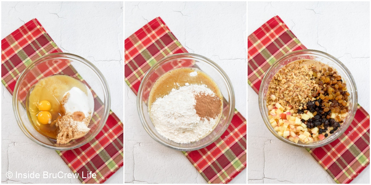 Three pictures collaged together showing how to make an apple cake batter.