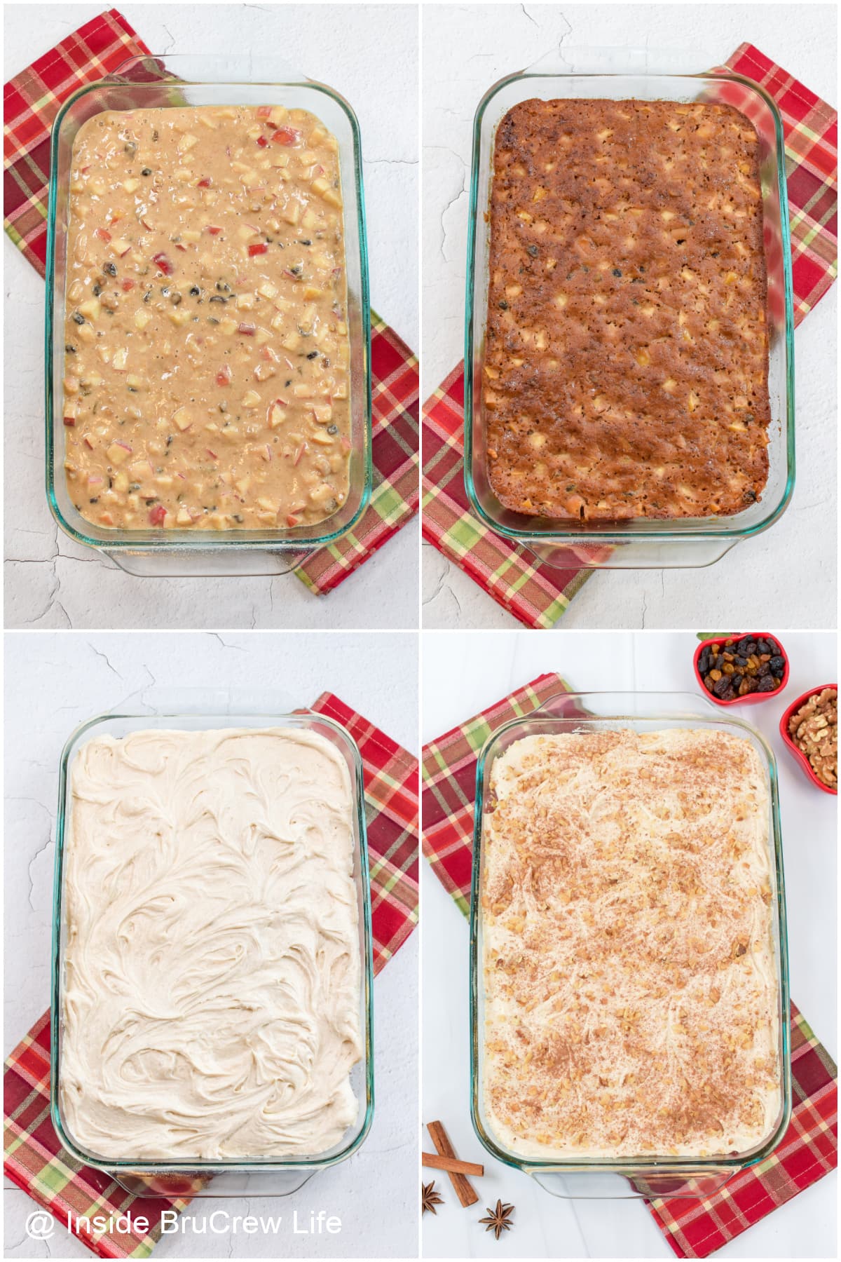 Four pictures collaged together showing how to bake and frost a cake.