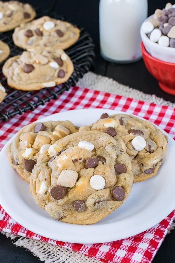 Biscoff S'mores Pudding Cookies - chocolate, marshmallow, and graham chunks make these soft chewy cookies taste out of this world. Great recipe to fill your cookie jar with!